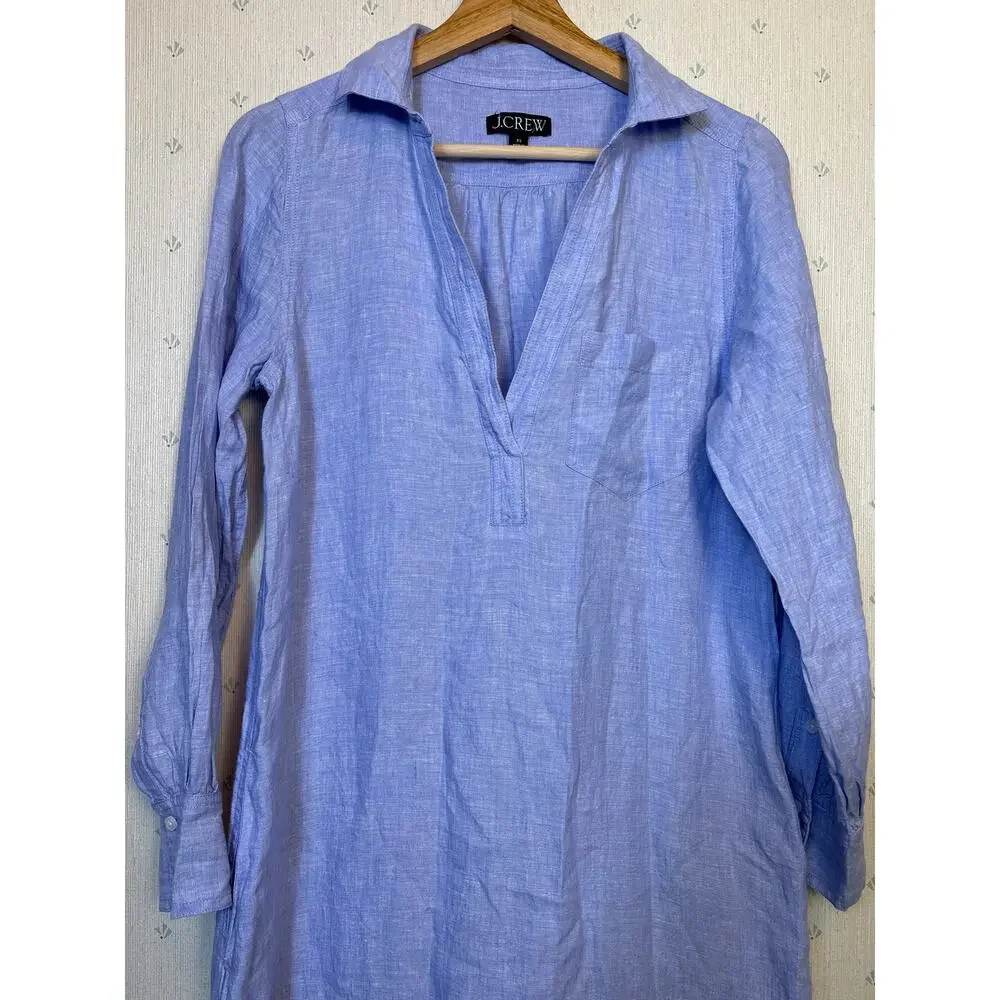 J Crew Bungalow Maxi Popover Dress XS in Linen Blue Quiet Luxury Coastal Beach